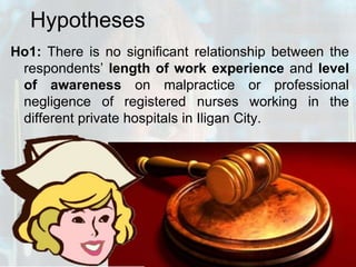 HypothesesHo1: There is no significant relationship between the respondents’ length of work experience and level of awareness on malpractice or professional negligence of registered nurses working in the different private hospitals in Iligan City.