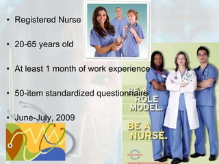 Registered Nurse20-65 years oldAt least 1 month of work experience50-item standardized questionnaireJune-July, 2009