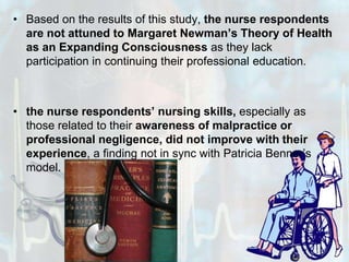 Based on the results of this study, the nurse respondents are not attuned to Margaret Newman’s Theory of Health as an Expanding Consciousness as they lack participation in continuing their professional education.the nurse respondents’ nursing skills, especially as those related to their awareness of malpractice or professional negligence,did not improve with their experience, a finding not in sync with Patricia Benner’s model.