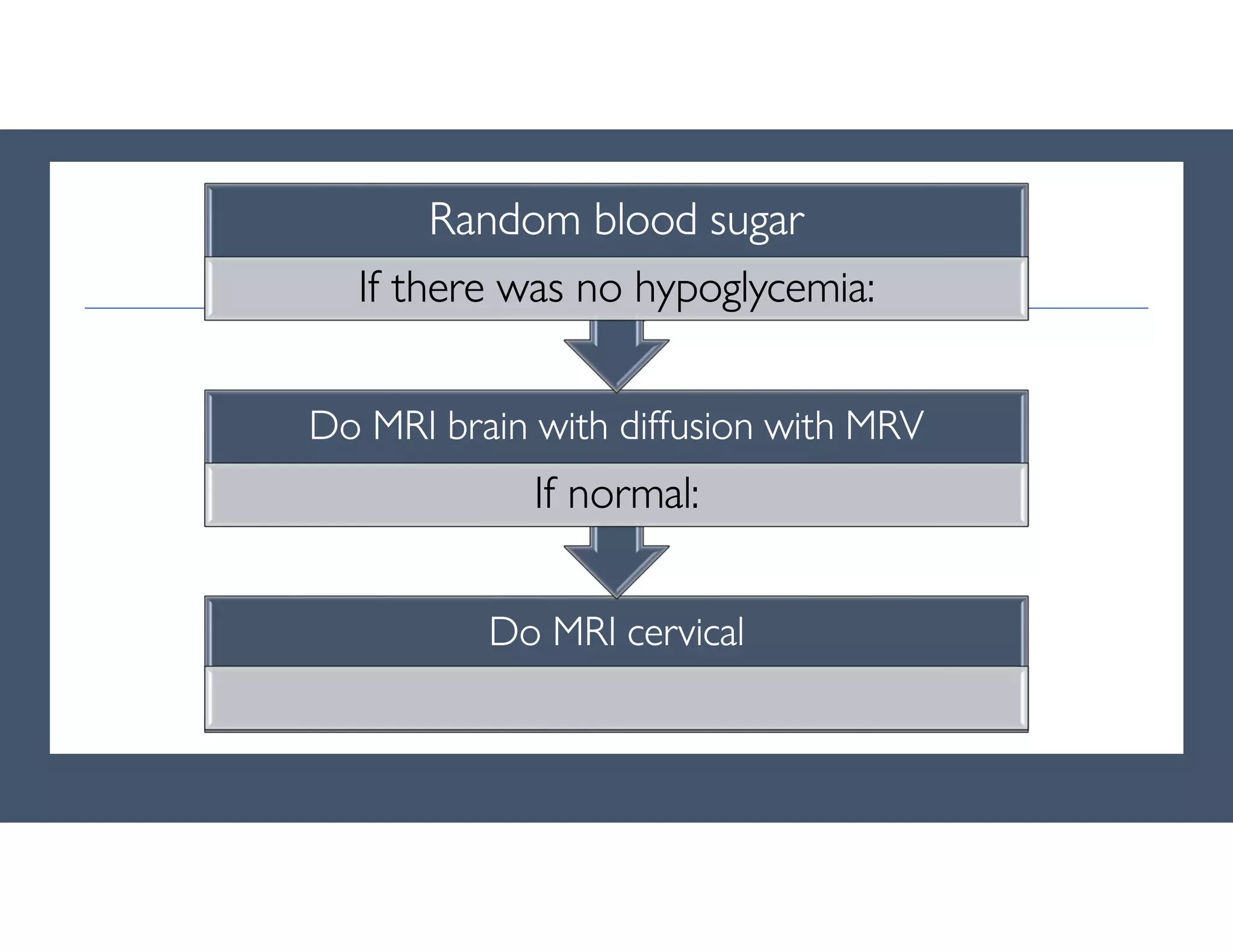 Do MRI cervical
Do MRI brain with diffusion with MRV
If normal:
Random blood sugar
If there was no hypoglycemia:
 