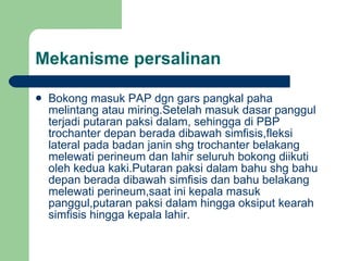 Mekanisme persalinan  Bokong masuk PAP dgn gars pangkal paha melintang atau miring.Setelah masuk dasar panggul terjadi putaran paksi dalam, sehingga di PBP trochanter depan berada dibawah simfisis,fleksi lateral pada badan janin shg trochanter belakang melewati perineum dan lahir seluruh bokong diikuti oleh kedua kaki.Putaran paksi dalam bahu shg bahu depan berada dibawah simfisis dan bahu belakang melewati perineum,saat ini kepala masuk panggul,putaran paksi dalam hingga oksiput kearah simfisis hingga kepala lahir. 