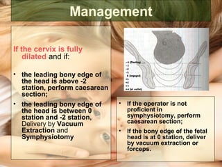 Management
If the cervix is fully
dilated and if:
• the leading bony edge of
the head is above -2
station, perform caesarean
section;
• the leading bony edge of
the head is between 0
station and -2 station,
Delivery by Vacuum
Extraction and
Symphysiotomy
• If the operator is not
proficient in
symphysiotomy, perform
caesarean section;
• If the bony edge of the fetal
head is at 0 station, deliver
by vacuum extraction or
forceps.
 