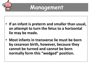 Management
• If an infant is preterm and smaller than usual,
an attempt to turn the fetus to a horizontal
lie may be made.
• Most infants in transverse lie must be born
by cesarean birth, however, because they
cannot be turned and cannot be born
normally form this “wedged” position.
 