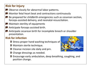 Risk for Injury
Observe closely for abnormal labor patterns.
Monitor fetal heart beat and contractions continuously
Be prepared for childbirth emergencies such as cesarean section,
forceps-assisted delivery, and neonatal-resuscitation.
Maintain sterility of equipments
Anticipate forceps-assisted birth.
Anticipate cesarean birth for incomplete breech or shoulder
presentation.
Risk for infection
Stress proper hand washing techniques of all caregivers.
Maintain sterile technique.
Cleanse incision site daily and prn.
Change dressings as needed.
Encourage early ambulation, deep breathing, coughing, and
position change.
 