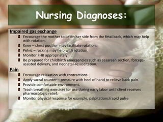 Nursing Diagnoses:
Impaired gas exchange
Encourage the mother to lie on her side from the fetal back, which may help
with rotation.
Knee – chest position may facilitate rotation.
Pelvic – rocking may help with rotation.
Monitor FHB appropriately
Be prepared for childbirth emergencies such as cesarean section, forceps-
assisted delivery, and neonatal-resuscitation.
Pain
Encourage relaxation with contractions.
Apply sacral counter – pressure with heel of hand to relieve back pain.
Provide comfortable environment.
Teach breathing exercises for use during early labor until client receives
pharmacologic relief.
Monitor physical response for example, palpitations/rapid pulse
 