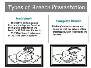 Types of Breech Presentation
Frank breech
The baby's bottom comes
first, and the legs are flexed at
the hip and extended at the
knees (with feet near the ears).
65-70% of breech babies are
in the frank breech position.
Complete Breech
The baby's hips and knees are
flexed so that the baby is sitting
crosslegged, with feet beside the
bottom.
 