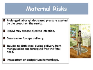 Maternal Risks
Prolonged labor r/t decreased pressure exerted
by the breech on the cervix.
PROM may expose client to infection.
Cesarean or forceps delivery.
Trauma to birth canal during delivery from
manipulation and forceps to free the fetal
head.
Intrapartum or postpartum hemorrhage.
 