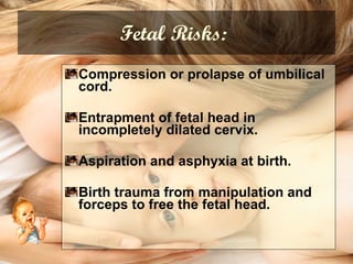 Fetal Risks:   Compression or prolapse of umbilical cord. Entrapment of fetal head in incompletely dilated cervix. Aspiration and asphyxia at birth. Birth trauma from manipulation and forceps to free the fetal head. 