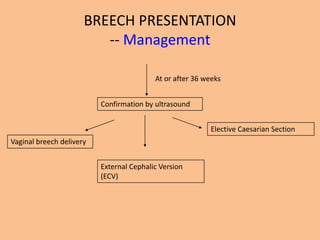 BREECH PRESENTATION
                         -- Management

                                          At or after 36 weeks


                          Confirmation by ultrasound


                                                          Elective Caesarian Section
Vaginal breech delivery


                          External Cephalic Version
                          (ECV)
 
