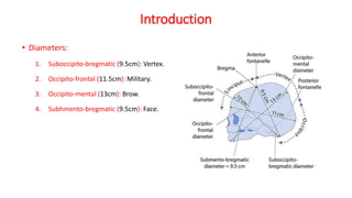 Introduction
• Diameters:
1. Suboccipito-bregmatic (9.5cm): Vertex.
2. Occipito-frontal (11.5cm): Military.
3. Occipito-mental (13cm): Brow.
4. Subhmento-bregmatic (9.5cm): Face.
 
