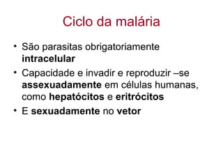 Ciclo da malária
• São parasitas obrigatoriamente
intracelular
• Capacidade e invadir e reproduzir –se
assexuadamente em células humanas,
como hepatócitos e eritrócitos
• E sexuadamente no vetor
 
