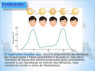 É importante ressaltar que: não é o rompimentos das hemácias
por sí que causa a febre característica da doença, mas sim a
liberação de pigmentos tóxicos produzidos pelos protozoários
durante a sua reprodução no interior das hemácias, essa
substância recebe o nome de 'Hemozoínas'.
 