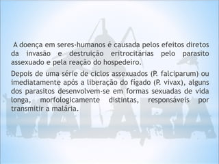 A doença em seres-humanos é causada pelos efeitos diretos
da invasão e destruição eritrocitárias pelo parasito
assexuado e pela reação do hospedeiro.
Depois de uma série de ciclos assexuados (P. falciparum) ou
imediatamente após a liberação do fígado (P. vivax), alguns
dos parasitos desenvolvem-se em formas sexuadas de vida
longa, morfologicamente distintas, responsáveis por
transmitir a malária.
 