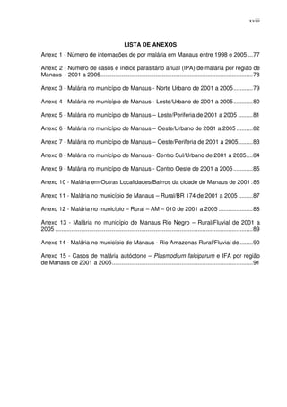 xviii



                                                 LISTA DE ANEXOS
Anexo 1 - Número de internações de por malária em Manaus entre 1998 e 2005 ... 77

Anexo 2 - Número de casos e índice parasitário anual (IPA) de malária por região de
Manaus – 2001 a 2005 .............................................................................................. 78

Anexo 3 - Malária no município de Manaus - Norte Urbano de 2001 a 2005 ............ 79

Anexo 4 - Malária no município de Manaus - Leste/Urbano de 2001 a 2005 ............ 80

Anexo 5 - Malária no município de Manaus – Leste/Periferia de 2001 a 2005 ......... 81

Anexo 6 - Malária no município de Manaus – Oeste/Urbano de 2001 a 2005 .......... 82

Anexo 7 - Malária no município de Manaus – Oeste/Periferia de 2001 a 2005 ......... 83

Anexo 8 - Malária no município de Manaus - Centro Sul/Urbano de 2001 a 2005 .... 84

Anexo 9 - Malária no município de Manaus - Centro Oeste de 2001 a 2005 ............ 85

Anexo 10 - Malária em Outras Localidades/Bairros da cidade de Manaus de 2001 . 86

Anexo 11 - Malária no município de Manaus – Rural/BR 174 de 2001 a 2005 ......... 87

Anexo 12 - Malária no município – Rural – AM – 010 de 2001 a 2005 ..................... 88

Anexo 13 - Malária no município de Manaus Rio Negro – Rural/Fluvial de 2001 a
2005 .......................................................................................................................... 89

Anexo 14 - Malária no município de Manaus - Rio Amazonas Rural/Fluvial de ........ 90

Anexo 15 - Casos de malária autóctone – Plasmodium falciparum e IFA por região
de Manaus de 2001 a 2005 ....................................................................................... 91
 