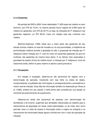 59




5.1.6 Gestantes


     No período de 2003 a 2005, foram detectados 71.829 casos de malária no sexo
feminino, com IFA de 15,4%; no mesmo período houve registro de 5.299 casos de
malária em gestantes, com IFA de 30.7% ou seja, as infecções de P. falciparum nas
gestantes registram um IFA 99,3% maior em relação total das mulheres com
malária.


     Martínez-Espinosa (1998) relata que a maior parte das gestantes de seu
estudo contraiu malária no local de moradia ou na sua proximidade, a freqüência de
primoinfecção malárica durante a gestação foi alta, a proporção de infecção por P.
falciparum sobre infecção por P. vivax foi maior em pacientes gestantes do que em
mulheres não gestantes da mesma faixa etária. E os fatores mais associados à
gravidade do quadro clínico de malária foram: a infecção por P. falciparum, início do
tratamento tardio, déficit no peso materno e aborto e parto prematuro.


5.1.7 Ocupações


     Em relação à ocupação, observou-se alto percentual de registro com a
denominação de ignorado, mostrando com isso falha na coleta de dados,
comprometendo a qualidade das informações e consequentemente a procedência e
motivo real da infecção. Essa falta de informação também foi observada por Alves et
al. (1990), embora em seu estudo, a falha tenha sido cometida por sua equipe no
momento de preenchimento do questionário.


     Observou-se ainda alto percentual de pessoas com denominação de
domésticas e de turismo, sugerindo que atividades relacionadas ao trabalho para a
sobrevivência da população em áreas recém-desmatadas, ou de mata, bem como
pernoite, lazer e a falta de acesso à informação sobre a origem do mosquito e os
mecanismos de transmissão desse agravo contribuíram com o risco de aquisição da
infecção.
 
