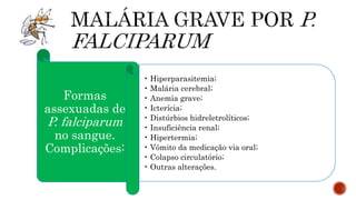 Formas
assexuadas de
P. falciparum
no sangue.
Complicações:
• Hiperparasitemia;
• Malária cerebral;
• Anemia grave;
• Icterícia;
• Distúrbios hidreletrolíticos;
• Insuficiência renal;
• Hipertermia;
• Vômito da medicação via oral;
• Colapso circulatório;
• Outras alterações.
 