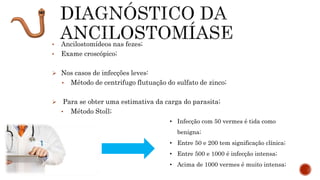 • Ancilostomídeos nas fezes;
• Exame croscópico;
 Nos casos de infecções leves:
• Método de centrifugo flutuação do sulfato de zinco;
 Para se obter uma estimativa da carga do parasita;
• Método Stoll;

• Infecção com 50 vermes é tida como
benigna;
• Entre 50 e 200 tem significação clínica;
• Entre 500 e 1000 é infecção intensa;
• Acima de 1000 vermes é muito intensa;
 