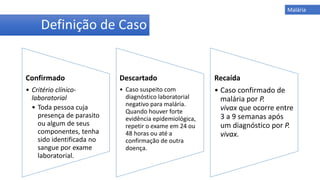 Confirmado
• Critério clínico-
laboratorial
• Toda pessoa cuja
presença de parasito
ou algum de seus
componentes, tenha
sido identificada no
sangue por exame
laboratorial.
Descartado
• Caso suspeito com
diagnóstico laboratorial
negativo para malária.
Quando houver forte
evidência epidemiológica,
repetir o exame em 24 ou
48 horas ou até a
confirmação de outra
doença.
Recaída
• Caso confirmado de
malária por P.
vivax que ocorre entre
3 a 9 semanas após
um diagnóstico por P.
vivax.
Definição de Caso
Malária
 