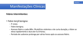 Febres Intermitentes:
• Febre terçã benigna:
- P. vivax;
- Febre benigna;
- Acessos febris a cada 48hs calafrios violentos e de curta duração, a febre se
eleva rapidamente e dura de 4 a 8 horas;
- Período de sudorese prolonga por várias horas após os acessos febris.
Manifestações Clínicas
Malária
 