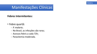 Febres Intermitentes:
• Febre quartã:
- P. malarie;
- No Brasil, as infecções são raras;
- Acessos febris a cada 72h;
- Parasitemia moderada.
Manifestações Clínicas
Malária
 