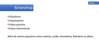 Sinonímia
Paludismo
Impaludismo
Febre palustre
Febre intermitente
Além de nomes populares como maleita, sezão, tremedeira, batedeira ou febre.
Malária
 