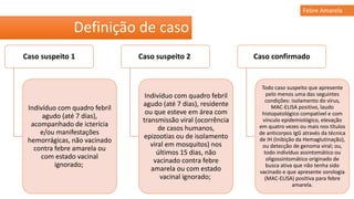 Definição de caso
Febre Amarela
Caso suspeito 1
Indivíduo com quadro febril
agudo (até 7 dias),
acompanhado de icterícia
e/ou manifestações
hemorrágicas, não vacinado
contra febre amarela ou
com estado vacinal
ignorado;
Caso suspeito 2
Indivíduo com quadro febril
agudo (até 7 dias), residente
ou que esteve em área com
transmissão viral (ocorrência
de casos humanos,
epizootias ou de isolamento
viral em mosquitos) nos
últimos 15 dias, não
vacinado contra febre
amarela ou com estado
vacinal ignorado;
Caso confirmado
Todo caso suspeito que apresente
pelo menos uma das seguintes
condições: isolamento do vírus,
MAC-ELISA positivo, laudo
histopatológico compatível e com
vínculo epidemiológico, elevação
em quatro vezes ou mais nos títulos
de anticorpos IgG através da técnica
de IH (Inibição da Hemaglutinação),
ou detecção de genoma viral; ou,
todo indivíduo assintomático ou
oligossintomático originado de
busca ativa que não tenha sido
vacinado e que apresente sorologia
(MAC-ELISA) positiva para febre
amarela.
 