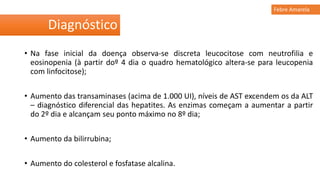 • Na fase inicial da doença observa-se discreta leucocitose com neutrofilia e
eosinopenia (à partir doº 4 dia o quadro hematológico altera-se para leucopenia
com linfocitose);
• Aumento das transaminases (acima de 1.000 UI), níveis de AST excendem os da ALT
– diagnóstico diferencial das hepatites. As enzimas começam a aumentar a partir
do 2º dia e alcançam seu ponto máximo no 8º dia;
• Aumento da bilirrubina;
• Aumento do colesterol e fosfatase alcalina.
Diagnóstico
Febre Amarela
 