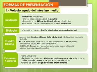 FORMAS DE PRESENTACIÓN 
1.- Vólvulo agudo del intestino medio 
•Neonatos y lactantes 
•Mayor frecuencia en sexo masculino 
•Presente en el 44% de las Malrotaciones intestinales 
•Pacientes que requieren resección: 50% mortalidad. 
Incidencia 
•Se origina por una fijación intestinal al mesenterio anormal 
Etiología 
•Anamnesis: Vómitos biliosos, dolor abdominal, obstipación, paciente irritable 
•E.F.: I: Abdomen distendido. A: RHA aumentados, Pe: Matidez abdominal difusa, Pa: Dolor abdominal. 
•ISQUEMIA: Sangre en heces, hematemesis, mayor distensión abdominal, signos peritoneales 
Cuadro Clínico 
•Serie GI superior 
•Rx simple de abdomen: Abdomen relativamente si aire y signo de la doble burbuja, ausencia de gas en la ampolla rectal 
•Enema de bario: ciego localizado anormalmente 
Exámenes Auxiliares  