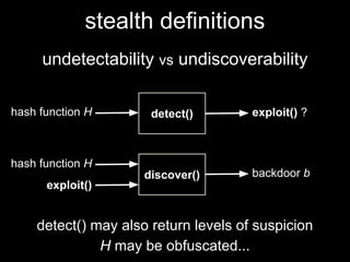 stealth definitions
undetectability vs undiscoverability
detect() may also return levels of suspicion
H may be obfuscated...
detect()hash function H exploit() ?
discover()
hash function H
backdoor b
exploit()
 