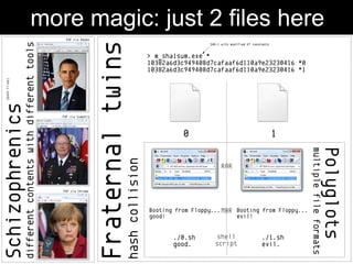 > msha1.py mbr_shell_rar*.pdf 5a827999 82b1c71a 5141963a b389abb9
mbr_shell_rar0.pdf 10382a6d3c949408d7cafaaf6d110a9e23230416
mbr_shell_rar1.pdf 10382a6d3c949408d7cafaaf6d110a9e23230416
> msha1.py jpg-rar*.jpg 5a827999 9b73a440 71599fc5 0c8a53e4
jpg-rar0.jpg 7a00042714d8ee6f4978193b07df705b652d0e39
jpg-rar1.jpg 7a00042714d8ee6f4978193b07df705b652d0e39
more magic: just 2 files here
 