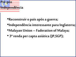 Pré-pós 
Independência 
•Reconstruir o pais após a guerra; 
•Independência interessante para Inglaterra; 
•Malayan Union – Faderation of Malaya; 
• 3ª renda per capta asiática (JP,SGP); 
 
