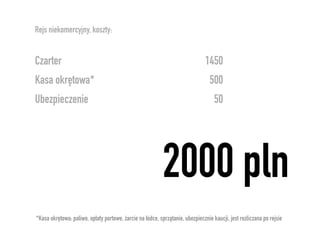 Rejs niekomercyjny, koszty:


Czarter                                                                        1450
Kasa okrętowa*                                                                   500
Ubezpieczenie                                                                      50




                                                           2000 pln
*Kasa okrętowa: paliwo, opłaty portowe, żarcie na łódce, sprzątanie, ubezpiecznie kaucji, jest rozliczana po rejsie
 