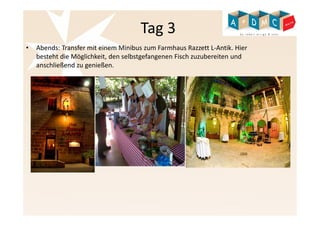 Tag 3 
• Abends: Transfer mit einem Minibus zum Farmhaus Razzett L-Antik. Hier 
besteht die Möglichkeit, den selbstgefangenen Fisch zuzubereiten und 
anschließend zu genießen. 
 