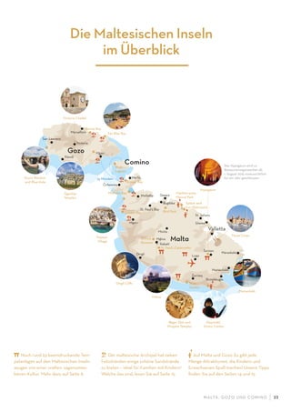 M ALTA , G OZO UND COMINO 23
Mosta
Dingli
Dingli Cliﬀs
Birz·ebbug·ia
San Lawrenz
Xlendi
Mg·arr
Mg·arr
25 Minuten
Maraskala
St. Julians
Malta
Z
·
urrieq
Luqa
St. Paul’s Bay
QawraMellieh- a
Mellieha Bay
Armier Bay
Mediterraneo
Marine Park
Bird Park
Splash and
Fun Waterpark
Hypogäum
Das Hypogäum wird zu
Restaurierungszwecken ab
1. August 2015 voraussichtlich
für ein Jahr geschlossen.
Playmobil
Visitor Center
Blue
Grotto
H—agar Qim and
Mnajdra Temples
St. Paul’s Catacombs
Domus
Romana
Golden Bay
Popeye
Village
Azure Window
and Blue Hole
Ramla Bay
San Blas Bay
G
·
gantija
Temples
C
·
irkewwa
Sliema
Marsaxlokk
Marsaxlokk
Blue
Lagoon
Gozo
Three Cities
Tarxien
Bug·ibba
Mdina
Mdina
Rabatt
Comino
Marfa
Valletta
Victoria
Victoria Citadel
Marsalforn
Die Maltesischen Inseln
im Überblick
Noch rund 23 beeindruckende Tem-
pelanlagen auf den Maltesischen Inseln
zeugen von einer uralten, sagenumwo-
benen Kultur. Mehr dazu auf Seite 8.
Der maltesische Archipel hat neben
Felsstränden einige schöne Sandstrände
zu bieten – ideal für Familien mit Kindern!
Welche das sind, lesen Sie auf Seite 15.
Auf Malta und Gozo: Es gibt jede
Menge Attraktionen, die Kindern und
Erwachsenen Spaß machen! Unsere Tipps
ﬁnden Sie auf den Seiten 14 und 15.
 
