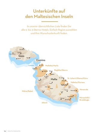 M ALTA-M AGAZIN24
Unterkünfte auf
den Maltesischen Inseln
In unserer übersichtlichen Liste ﬁnden Sie
alle 5- bis 3-Sterne-Hotels. Einfach Region auswählen
und Ihre Wunschunterkunft ﬁnden.
Gozo
Comino
Mellieh- a/Marfa
Bug· ibba/Qawra
St. Julian’s/Sliema/Gz·ira
Valletta/Floriana
Mdina/Rabat
Attard
Marsaxlokk/
Birz·ebbug·ia
Marascala
Marsalforn
Mosta
Dingli
San Lawrenz
Xlendi
Mg·arr
Mg·arr
25 Minuten
St. Julian’s
Malta
Victoria
Z
·
urrieq
Luqa
St. Paul’s
Bay
Rabat
Mdina
Bug·ibba
Qawra
Tarxien
Marfa
Mellieh- a
C
·
irkewwa
Valletta
Sliema
Marsaxlokk
Birz·ebbug·ia
Marascala
 