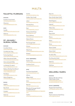 M ALTA , G OZO UND COMINO 25
VALLETTA / FLORIANA
    
Excelsior Grand Hotel
www.excelsior.com.mt
Phoenicia
www.phoeniciamalta.com
  
Castille
www.hotelcastillemalta.com
Osborne
www.osbornehotel.com
ST. JULIANS /
SLIEMA / GZ
·
IRA
    
Corinthia Marina
www.marinahotel.com.mt
Corinthia San Gorg
www.corinthiahotels.com
Fortina Spa Resort
www.fortinasparesort.com
Hilton International Malta
www.hiltonmaltahotel.com
Intercontinental Malta
www.intercontinental.com
Le Méridien St Julian’s
www.lemeridienmalta.com
Radisson Blu Bay Point Resort
www.radissonblu.com/
stjuliansresort-malta
The Palace
www.thepalacemalta.com
Westin Dragonara
www.westinmalta.com
   
Argento
www.hotelargentomalta.com
Bay Street
www.baystreethotel.com.mt
Cavalieri
www.cavalierihotelmalta.com
Diplomat
www.diplomat.com.mt
Fortina
www.hotelfortina.com
Golden Tulip Vivaldi
www.goldentulipvivaldi.com
Juliani
www.hoteljuliani.com
Kennedy Nova
www.kennedynova.com
Park
www.parkhotel.com.mt
Preluna Hotel & Spa
www.preluna.com
Rocca Nettuno
www.roccanettunosuites.com
Sliema Marina
www.sliemamarinahotel.com
The George Hotel
www.thegeorgemalta.com
Victoria
www.victoriahotel.com
Waterfront
www.waterfronthotelmalta.com
Windsor
www.windsorhotelmalta.com
   aparthotels
Garden View
www.gardenviewmalta.com
Sundown Court
www.sundowncourt.com
  
The Strand Aparthotel
www.115aparthotel.com
Alfonso
Allegro Hotel
www.allegrohotel.com.mt
Astra
www.astrahotelmalta.com
Bayview
www.bayviewmalta.com
Blue Sea St George’s Park &
La Vallette Resort
www.blueseageorgevalletteresort.
com
Carlton
www.carltonhotelmalta.com
Day’s Inn
www.daysinnmalta.com
Dean Hamlet Apart Hotel
www.deanhamlet.com.mt
Hotel Kappara
www.hotelkappara.com
Imperial
www.imperialhotelmalta.com
Milano Due
www.milanoduehotel.com
Patricia
Plaza Hotel
www.plazahotelsmalta.com
Plevna
www.plevnahotel.com
Rokna
www.roknahotel.com
Roma
www.hotelroma.com.mt
Sliema Chalet
www.sliemachalet.com
Sliema Hotel
www.sliemahotel.com
St Julians Bay
www.stjuliansbayhotelmalta.com
The Alexandra Hotel
www.alexandrahotelmalta.com
Valentina
www.hotelvalentina.com
Villa Rosa
www.villarosa-malta.com
MELLIEH—A / MARFA
    
Radisson Blu Resort & Spa,
Malta Golden Sands
www.radissonblu.com/
goldensandsresort-malta
    aparthotel
Pergola Club Hotel & Spa
www.pergolahotel.com.mt
   
Maritim Antonine Hotel & Spa
www.maritim.com.mt
MALTA
 