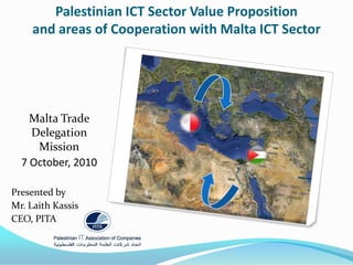 Palestinian ICT Sector Value Proposition
and areas of Cooperation with Malta ICT Sector
Malta Trade
Delegation
Mission
7 October, 2010
Presented by
Mr. Laith Kassis
CEO, PITA
 