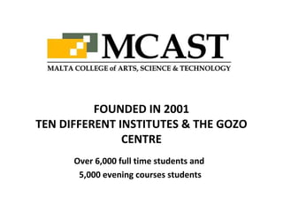 Over 6,000 full time students and
5,000 evening courses students
FOUNDED IN 2001
TEN DIFFERENT INSTITUTES & THE GOZO
CENTRE
 