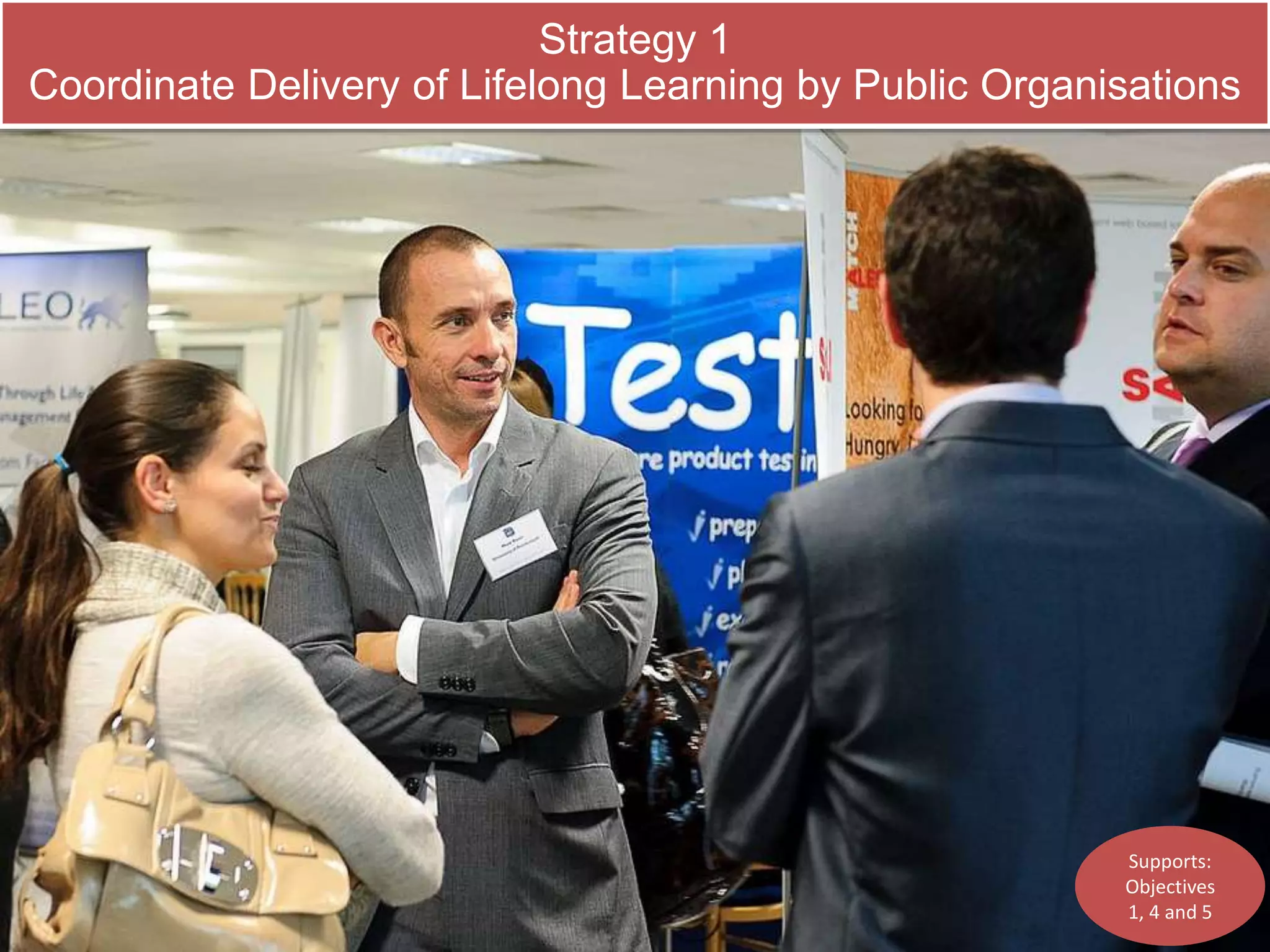 Strategy 1 
Coordinate Delivery of Lifelong Learning by Public Organisations 
Supports: 
Objectives 
1, 4 and 5 
 