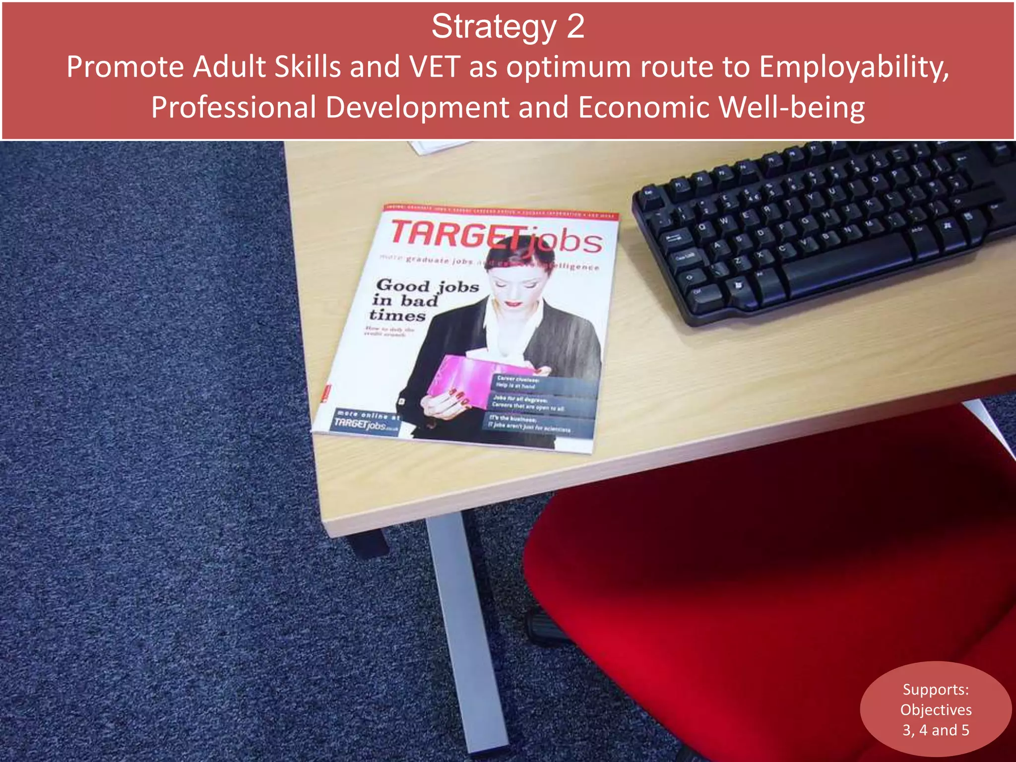 Strategy 2 
Promote Adult Skills and VET as optimum route to Employability, 
Professional Development and Economic Well-being 
Supports: 
Objectives 
3, 4 and 5 
 