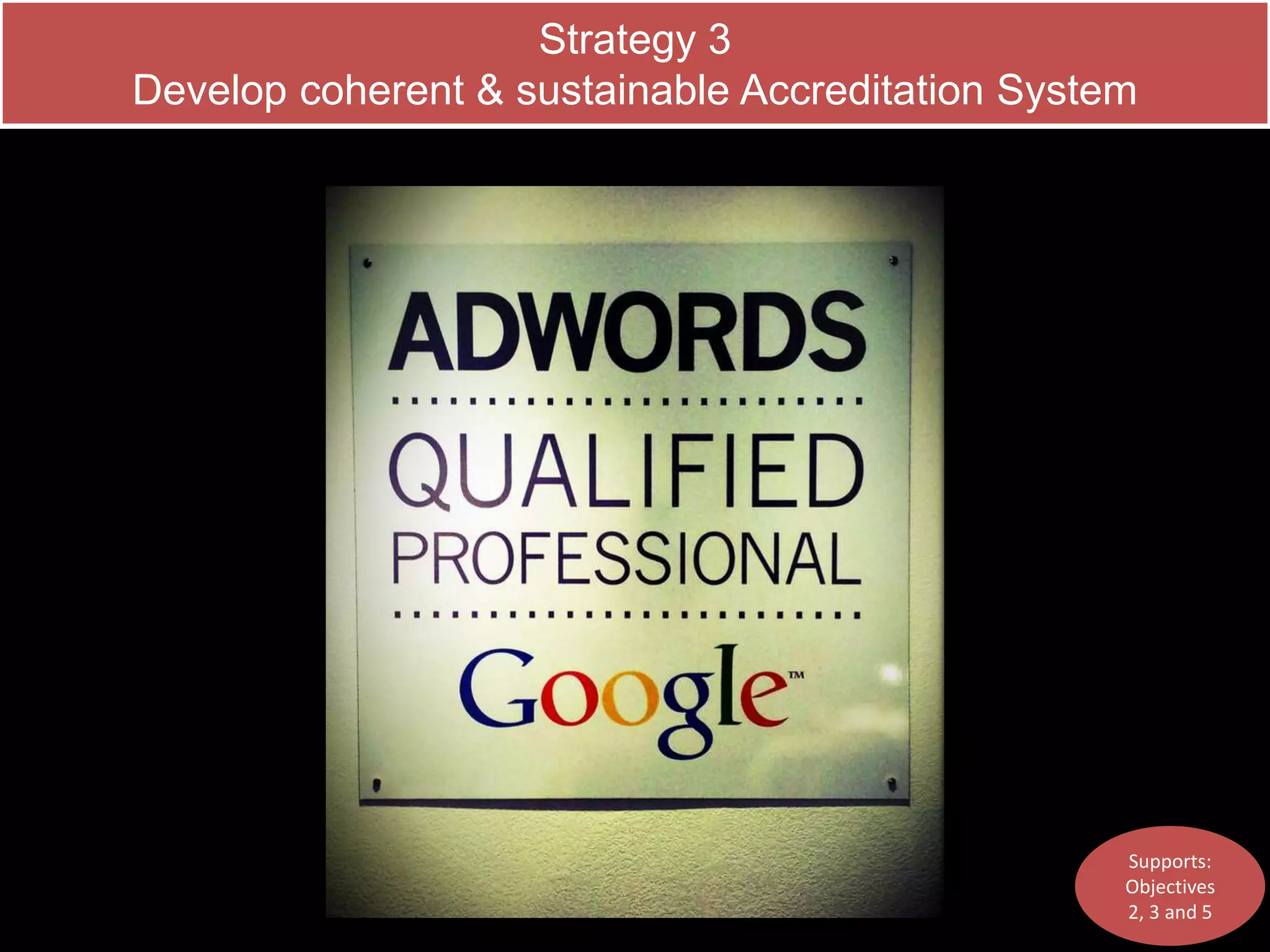 Strategy 3 
Develop coherent & sustainable Accreditation System 
Supports: 
Objectives 
2, 3 and 5 
 