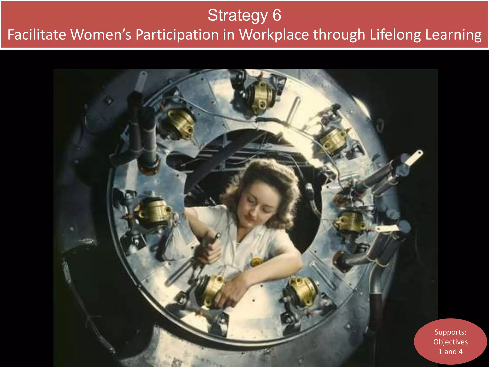Strategy 6 
Facilitate Women’s Participation in Workplace through Lifelong Learning 
Supports: 
Objectives 
1 and 4 
 
