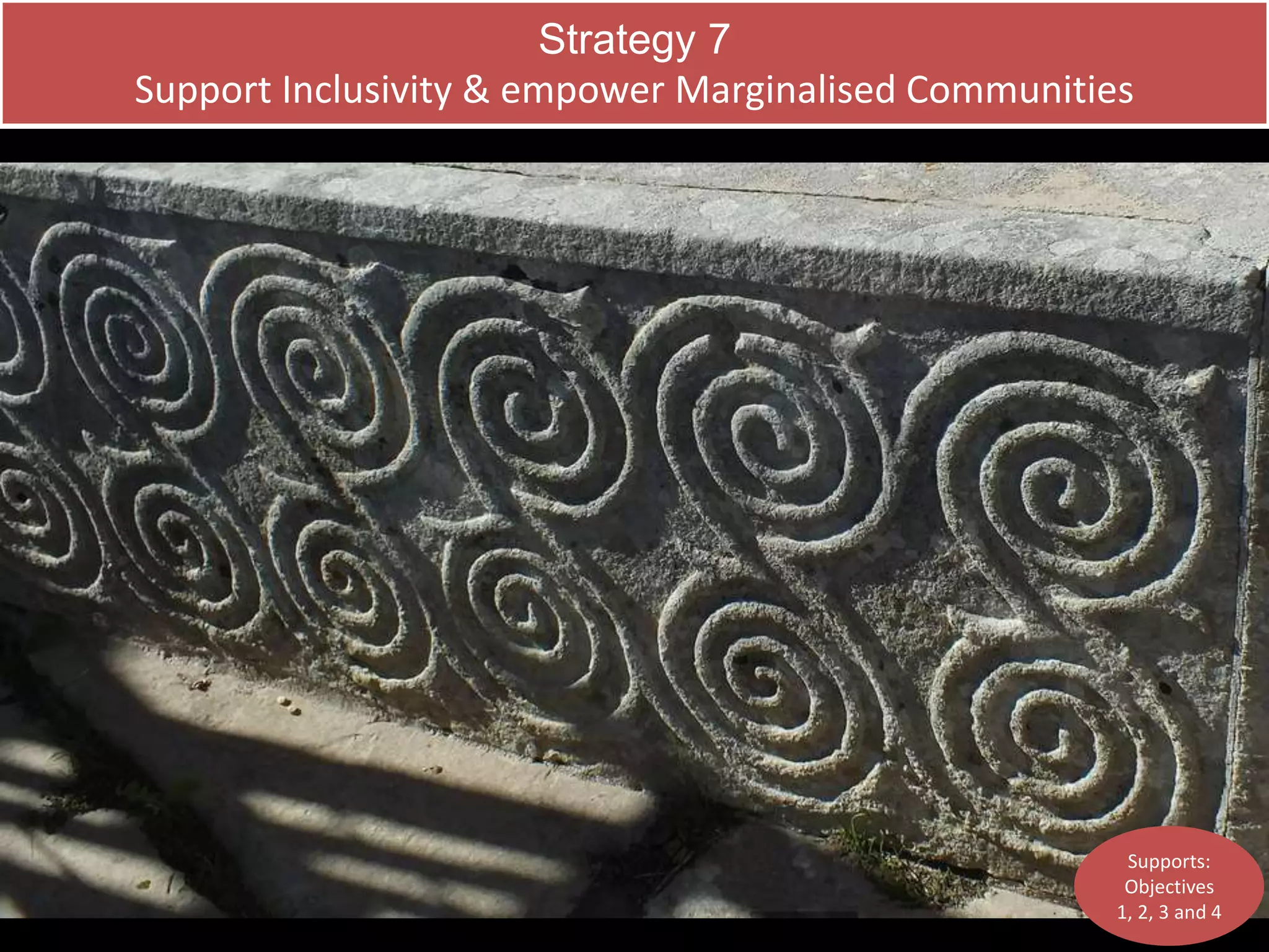 Strategy 7 
Support Inclusivity & empower Marginalised Communities 
Supports: 
Objectives 
1, 2, 3 and 4 
 
