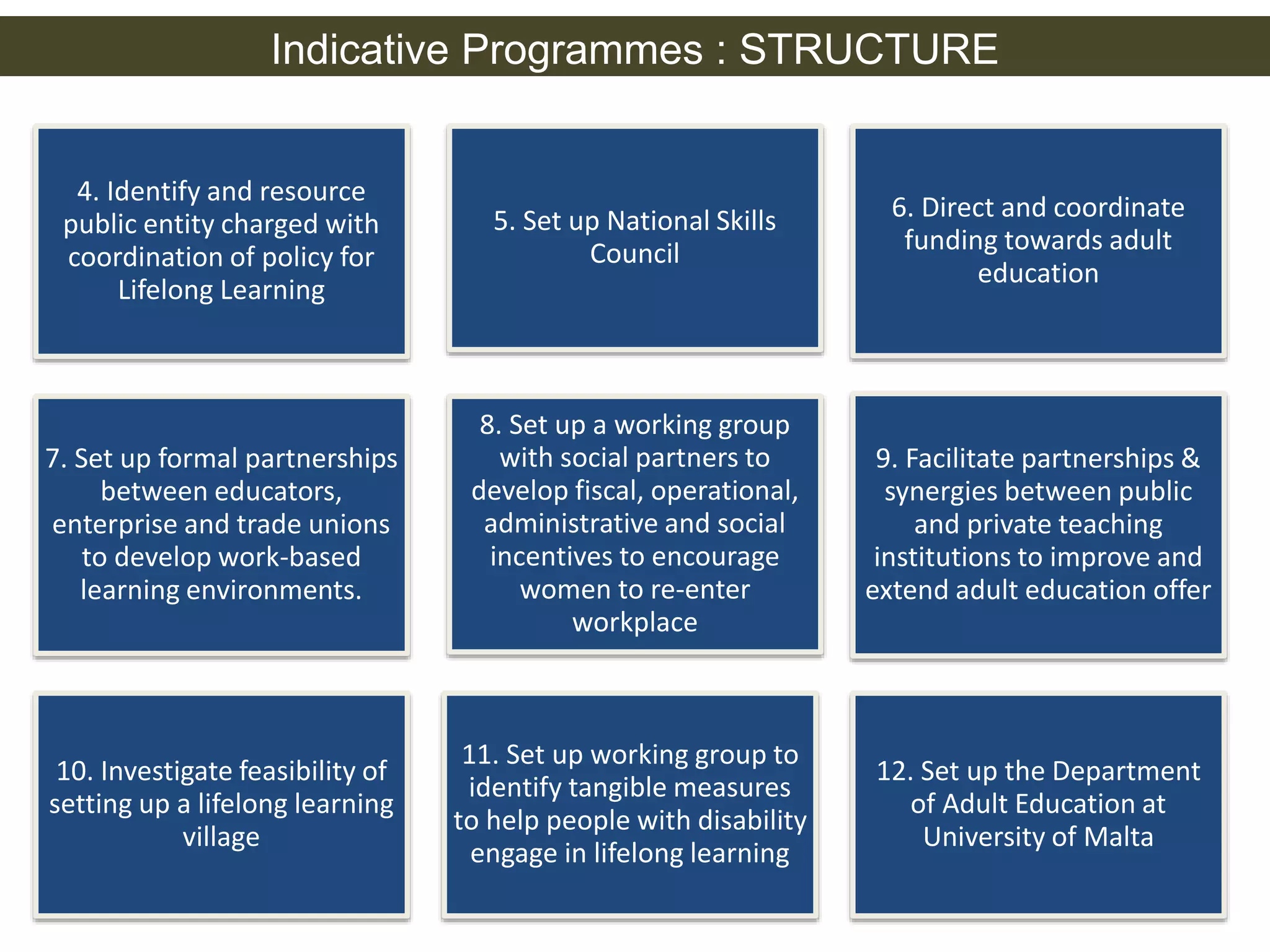 Indicative Programmes : STRUCTURE 
4. Identify and resource 
public entity charged with 
coordination of policy for 
Lifelong Learning 
5. Set up National Skills 
Council 
6. Direct and coordinate 
funding towards adult 
education 
7. Set up formal partnerships 
between educators, 
enterprise and trade unions 
to develop work-based 
learning environments. 
8. Set up a working group 
with social partners to 
develop fiscal, operational, 
administrative and social 
incentives to encourage 
women to re-enter 
workplace 
9. Facilitate partnerships & 
synergies between public 
and private teaching 
institutions to improve and 
extend adult education offer 
10. Investigate feasibility of 
setting up a lifelong learning 
village 
11. Set up working group to 
identify tangible measures 
to help people with disability 
engage in lifelong learning 
12. Set up the Department 
of Adult Education at 
University of Malta 
 