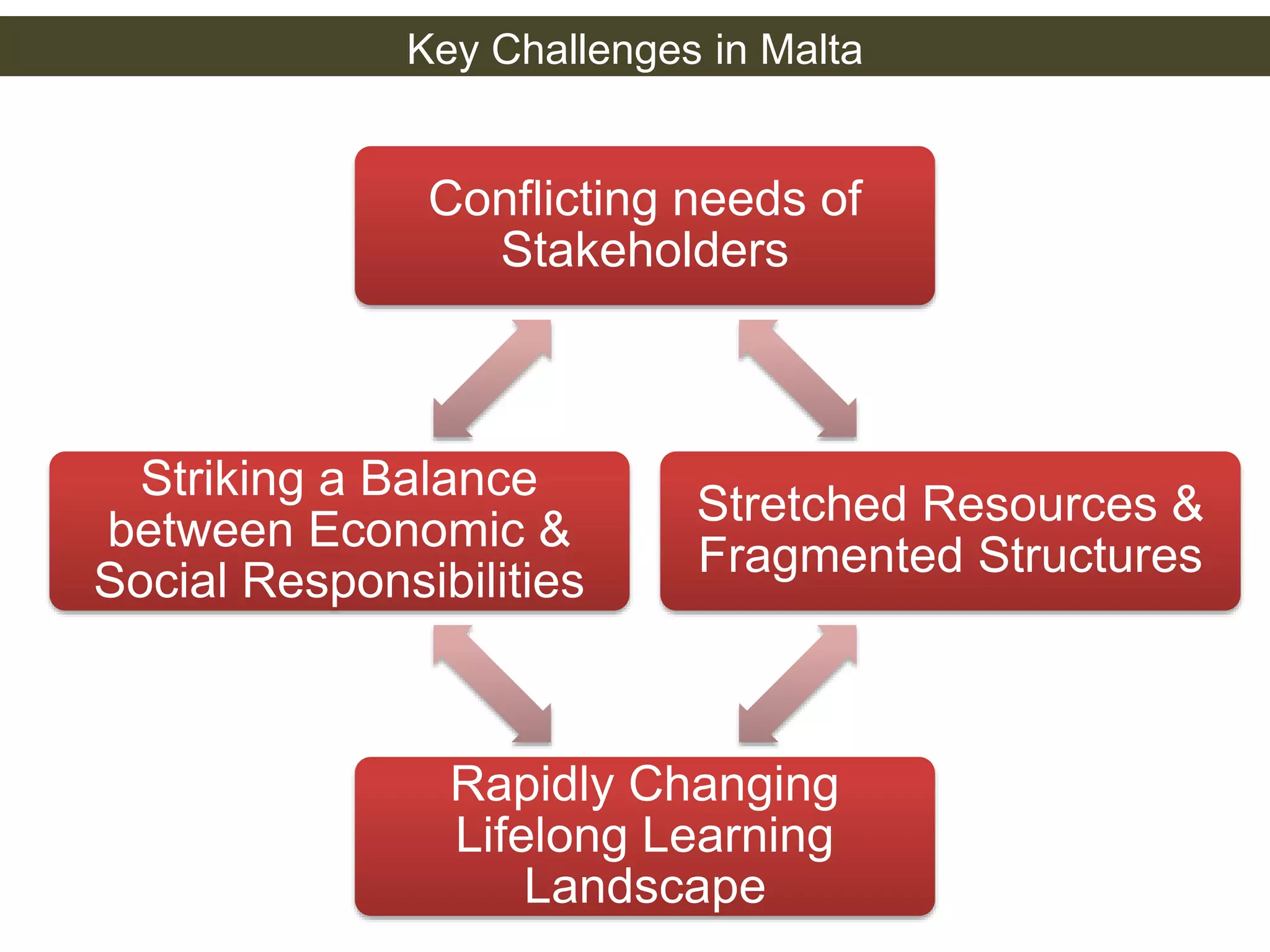 Key Challenges in Malta 
Conflicting needs of 
Stakeholders 
Stretched Resources & 
Fragmented Structures 
Striking a Balance 
between Economic & 
Social Responsibilities 
Rapidly Changing 
Lifelong Learning 
Landscape 
 