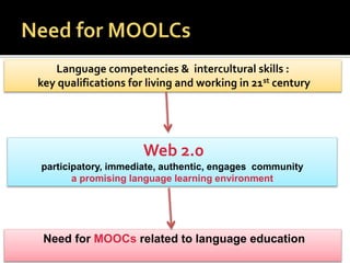Language competencies & intercultural skills :
key qualifications for living and working in 21st century
Need for MOOCs related to language education
Web 2.0
participatory, immediate, authentic, engages community
a promising language learning environment
 
