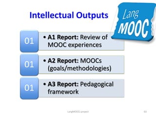 • A1 Report: Review of
MOOC experiences01
• A2 Report: MOOCs
(goals/methodologies)01
• A3 Report: Pedagogical
framework01
Intellectual Outputs
63LangMOOCs project
 
