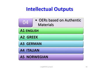 • OERs based on Authentic
Materials04
A1 ENGLISH
A2 GREEK
A3 GERMAN
A4 ITALIAN
A5 NORWEGIAN
Intellectual Outputs
66LangMOOCs project
 