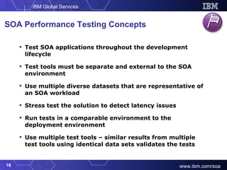 SOA Performance Testing Concepts Test SOA applications throughout the development lifecycle  Test tools must be separate and external to the SOA environment Use multiple diverse datasets that are representative of an SOA workload Stress test the solution to detect latency issues Run tests in a comparable environment to the deployment environment Use multiple test tools – similar results from multiple test tools using identical data sets validates the tests 
