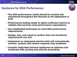 The SOA performance model should be created and maintained throughout the lifecycle as the application is built Performance testing needs to obtain sufficient metrics to validate that services meet performance expectations Use established techniques to meet SOA performance requirements  Design, test, and retest to confirm that non-functional requirements are met Implement an integrated solution that will automatically monitor, analyze and resolve response time problems   Consider dedicated network appliances to optimize and accelerate XML parsing and security processing  Guidance for SOA Performance 